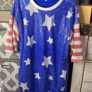 Starry Blue Sequin Top with Striped Sleeves